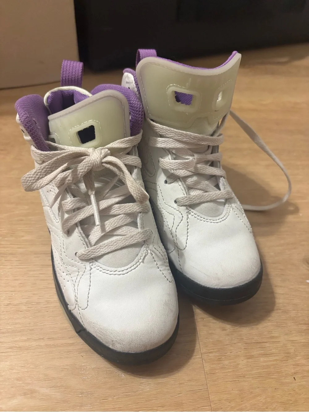Kids White and Purple High-Top Jordan’s
